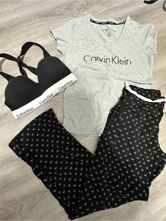 Calvin Klein Other - Calvin Klein Grey Tee, Black Bralette & Black Logo Pajama Pants Set